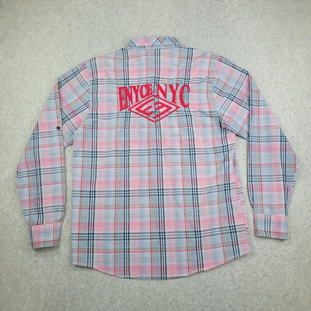 ENYCE NYC Shirt Mens XL Red Plaid Long Sleeve Button Up‎ Embroidered